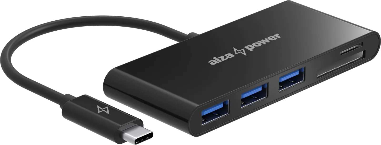 AlzaPower USB Hub USB-C (M) to 3× USB-A 3.0 (F) + Card Reader, fekete