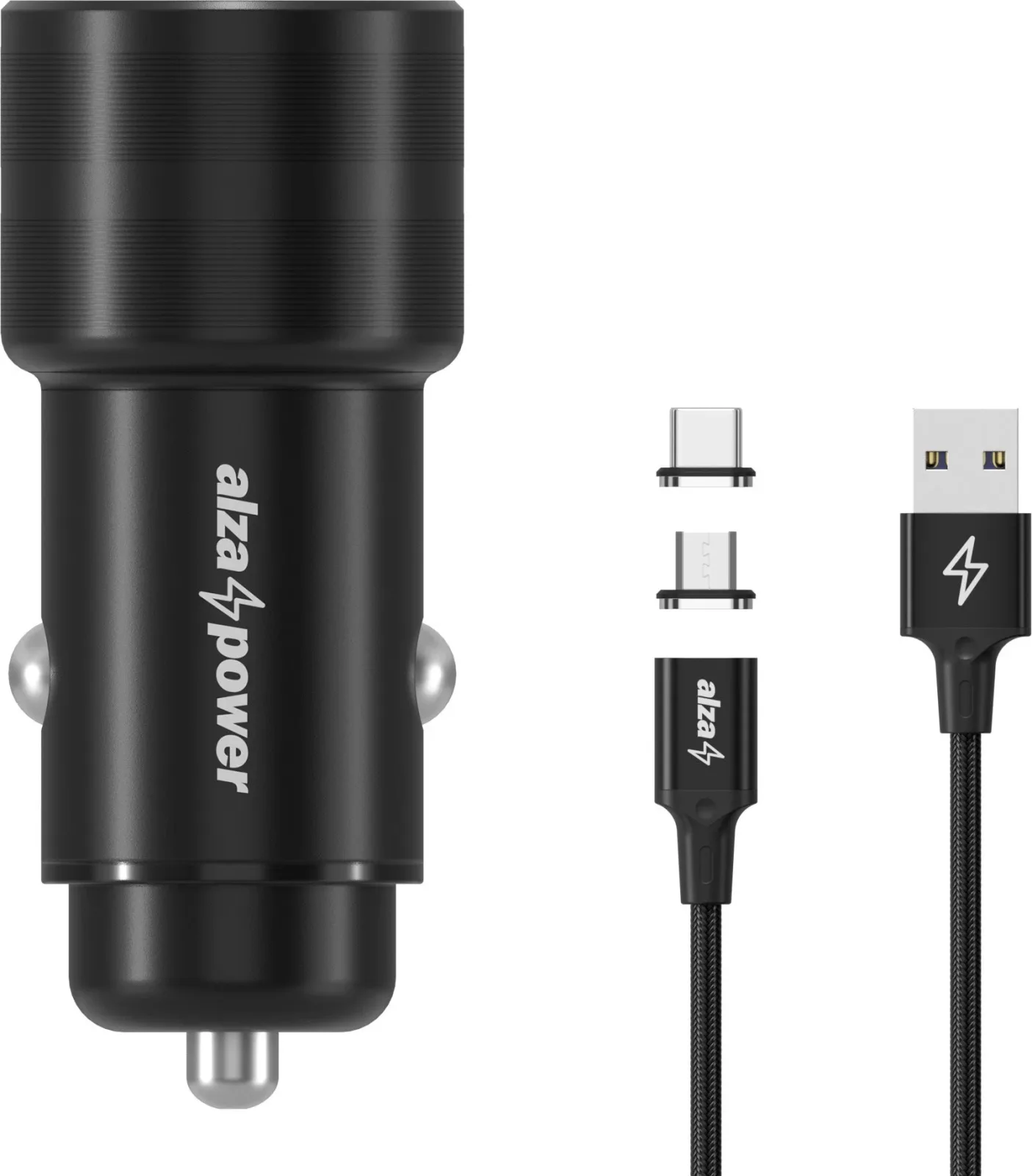 AlzaPower Car Charger P520 USB + USB-C + MagCore 2in1 USB-C + Micro USB, 5A, 1 m, fekete