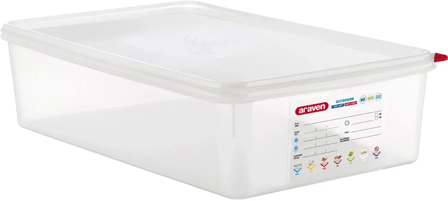 Araven ételtároló fedővel, GN 1/1, PP, mélység 100 mm, térfogat 13,7 l, hermetikusan zárható