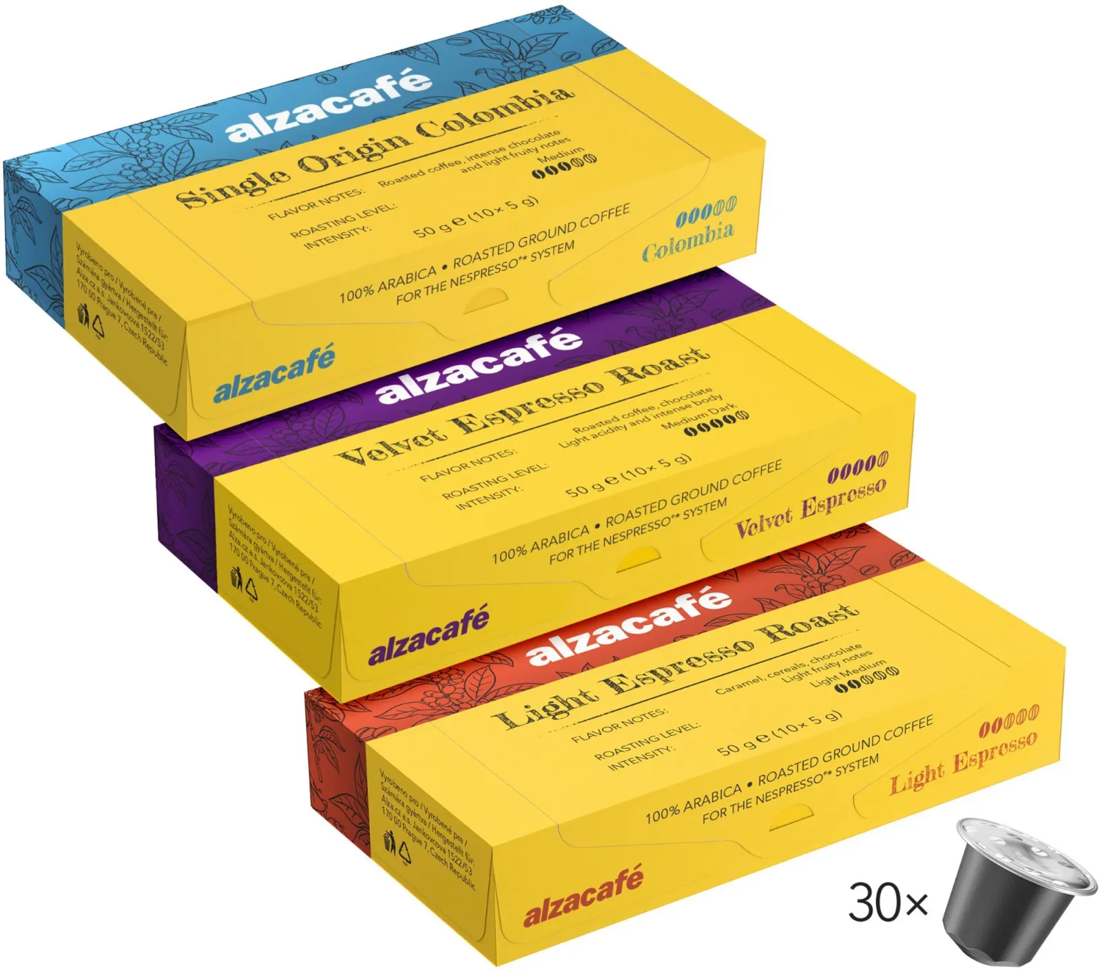 AlzaCafé Light Espresso Roast + Velvet Espresso Roast + Colombia Medium Roast, 3×10 kapszula