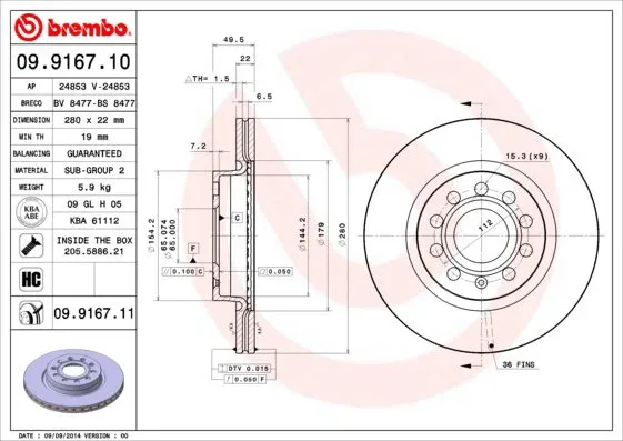 BREMBO - OC2 280 BREMBO 09.9167.11, szett, 2 db