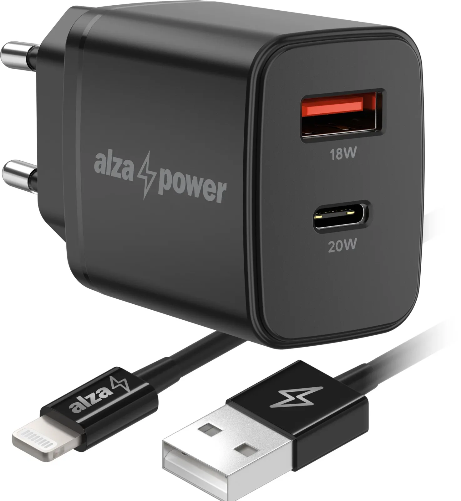 AlzaPower A101CA Fast Charge 20 W fekete + Core Lightning MFi (C189) 1 m, fekete