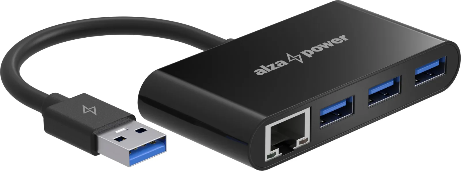 AlzaPower USB-A (M) to 3× USB-A 3.0 (F) USB hub + RJ45 - fekete
