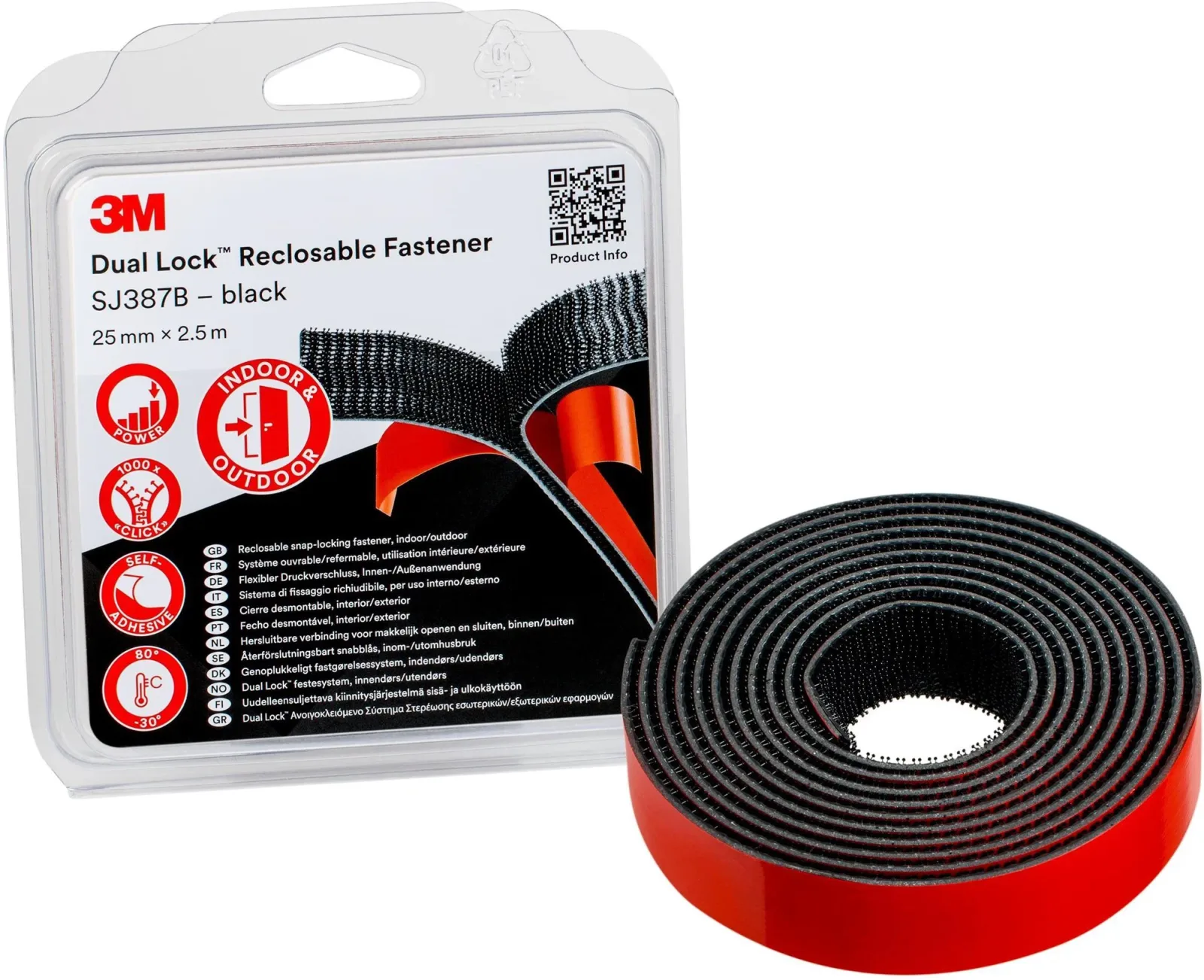 3M™ Dual-Lock™ öntapadó tépőzár SJ387B, fekete, 25 mm x 2,5 m bliszter csomagolásban