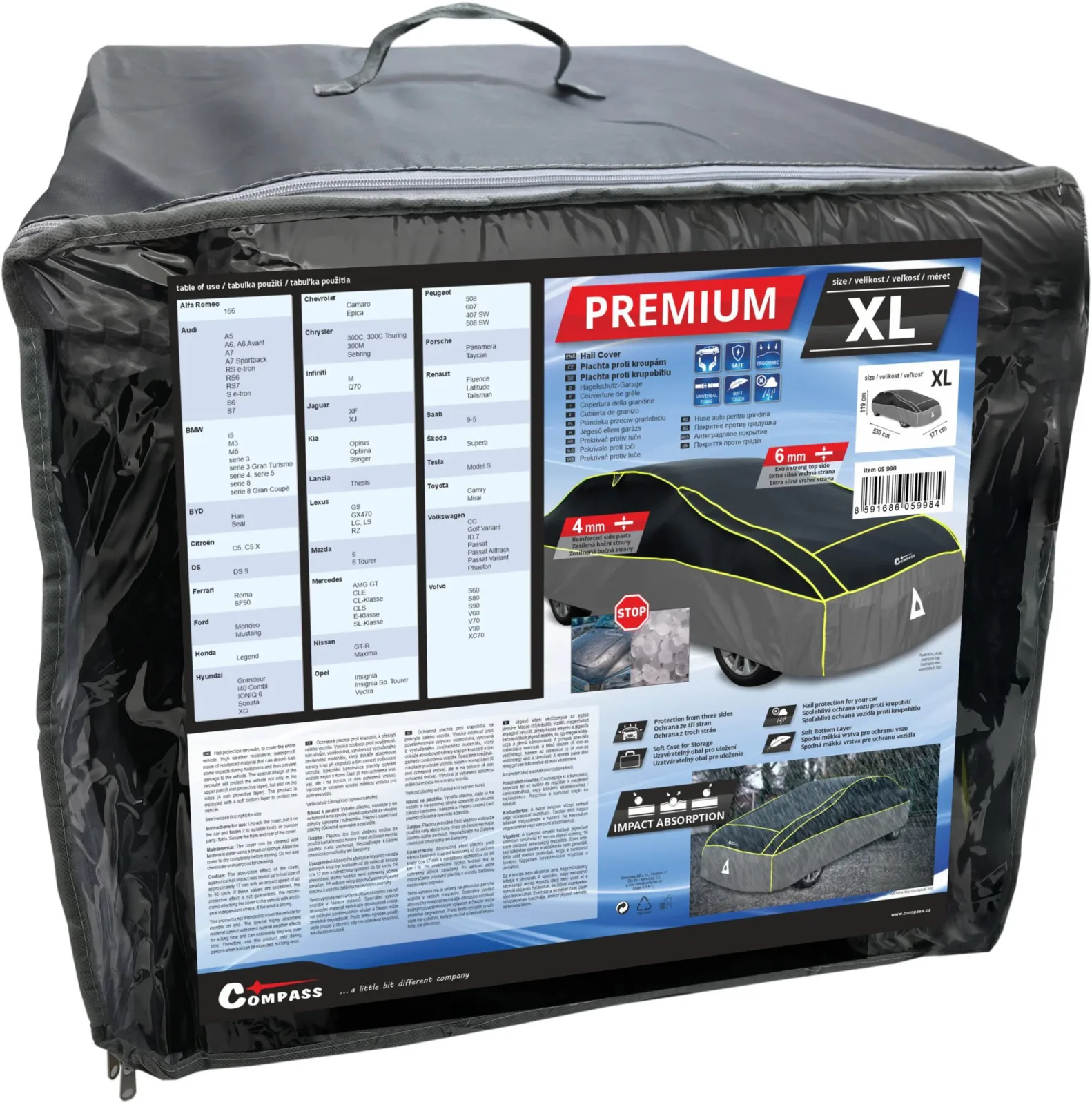 COMPASS Premium Jégeső elleni ponyva, XL, 530×177×119 cm