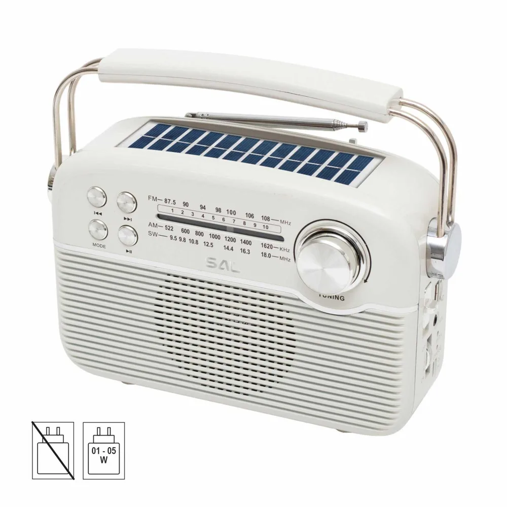 SAL RPR9 napelemes rádió multimédia lejátszóval, FM-AM-SW rádió, Bluetooth, USB és microSD csatlakozás, beépített akkumulátor