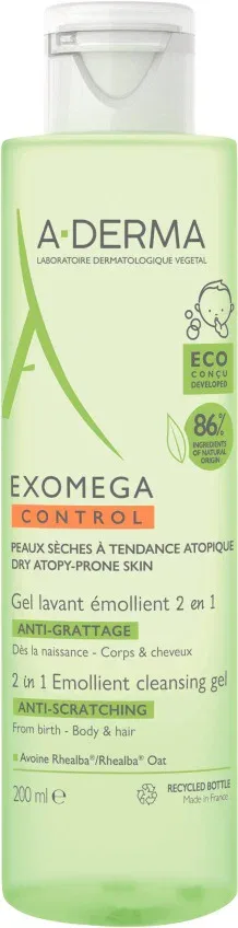 A-DERMA Exomega Control bőrpuhító tisztító gél száraz, atópiára hajlamos bőrre 2 in 1 200 ml