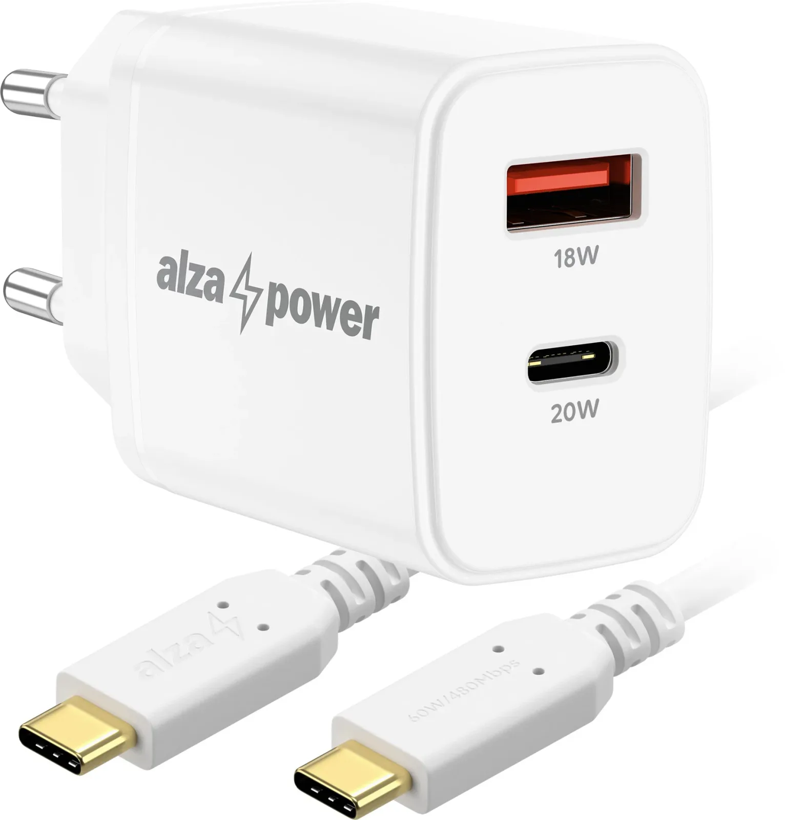 AlzaPower A101CA Fast Charge 20 W fehér + Core USB-C 2.0 60 W, 1 m, fehér