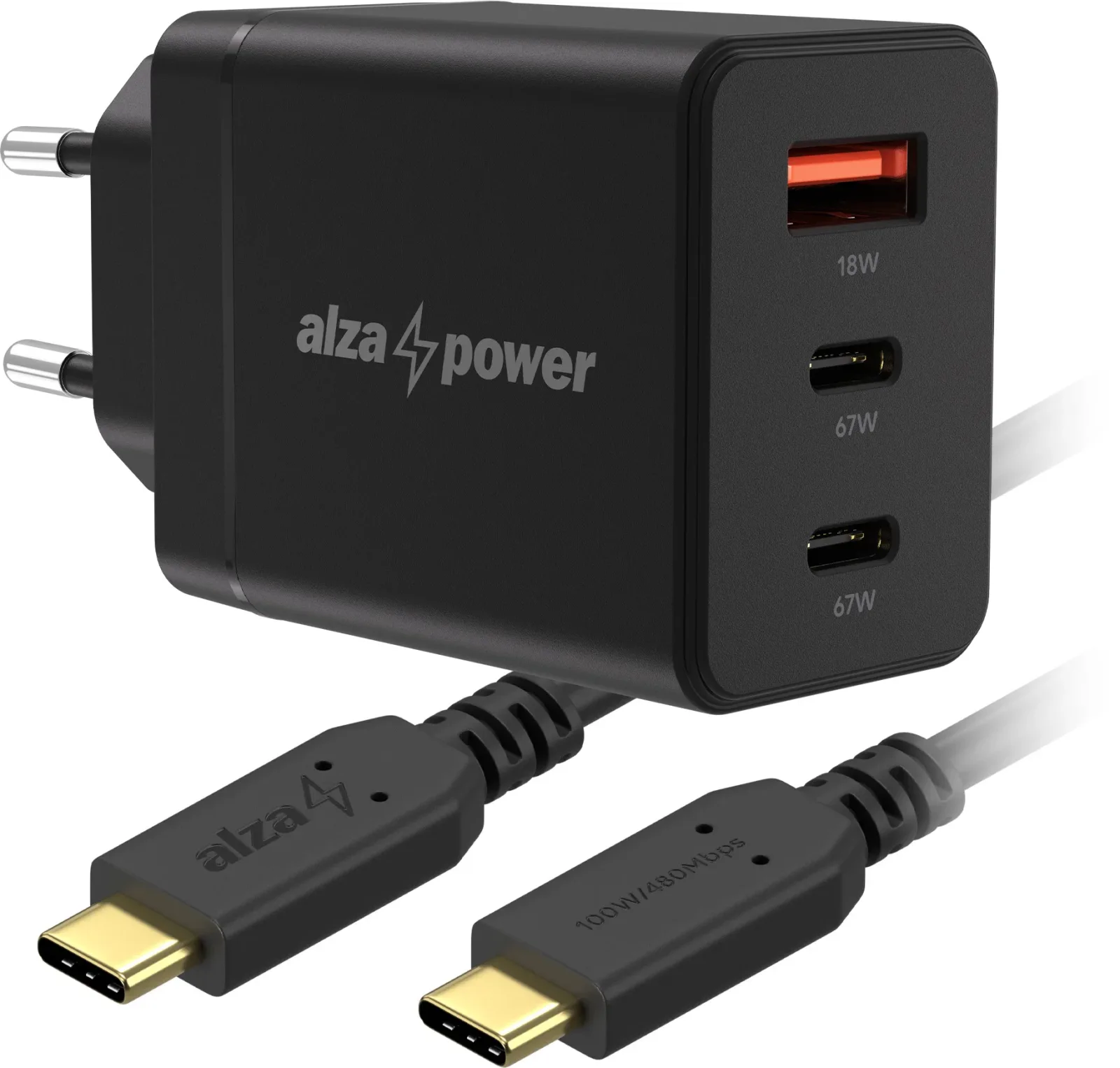 AlzaPower G610CCA Fast Charge 67 W fekete + Core USB-C 2.0 100 W, 2 m fekete