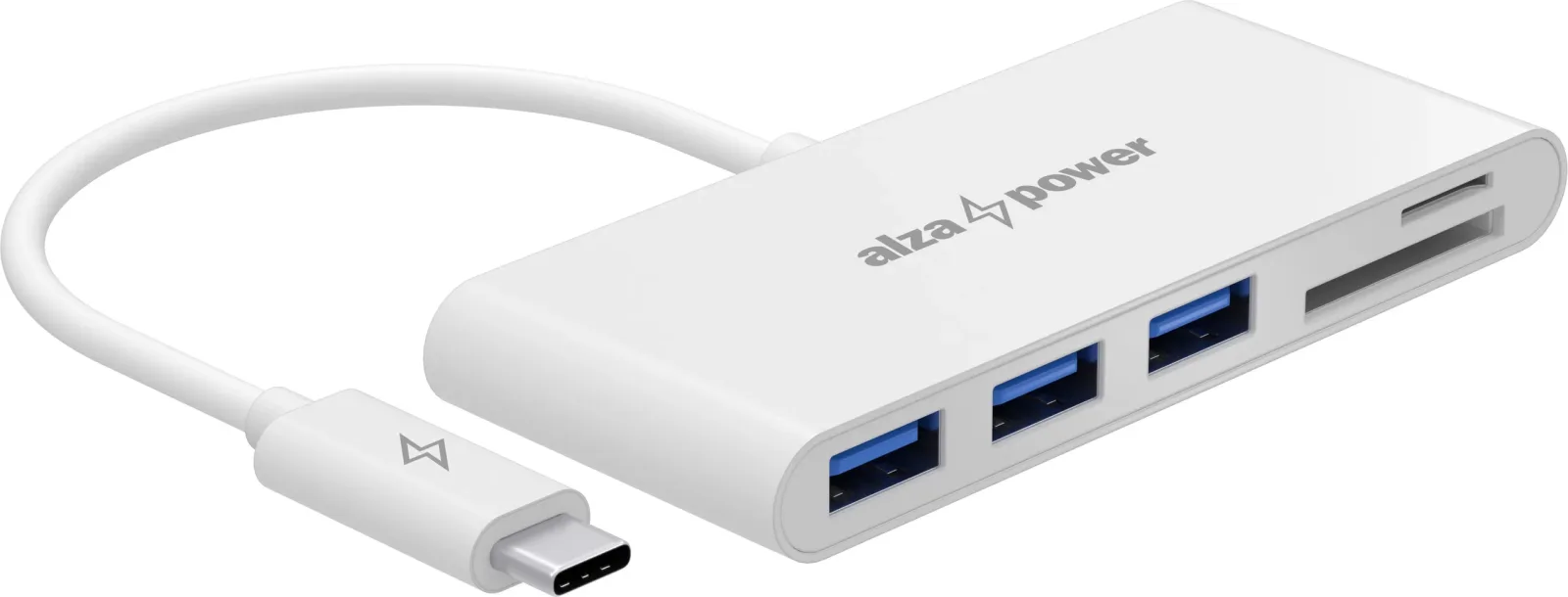 AlzaPower USB-C (M) to 3× USB-A 3.0 (F) USB hub + Card Reader - fehér