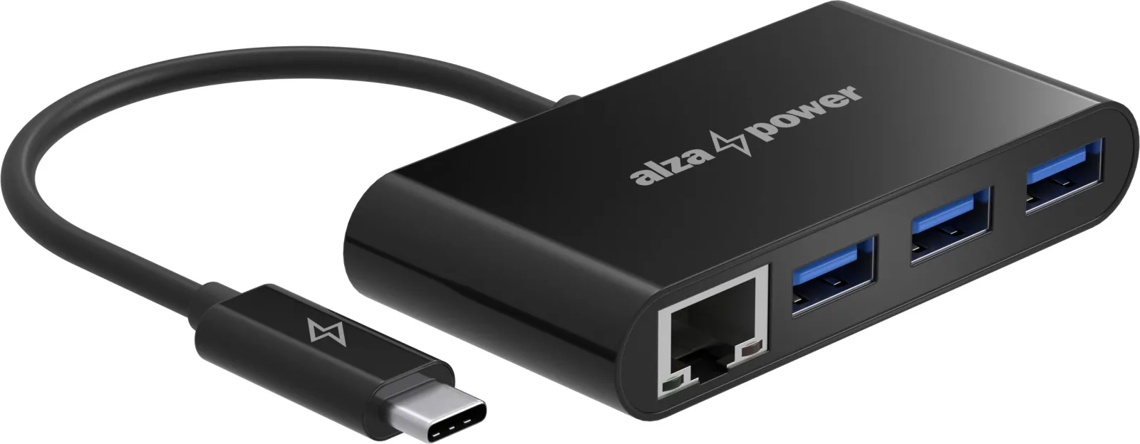 AlzaPower USB Hub USB-C (M) to 3× USB-A 3.0 (F) + RJ45, fekete
