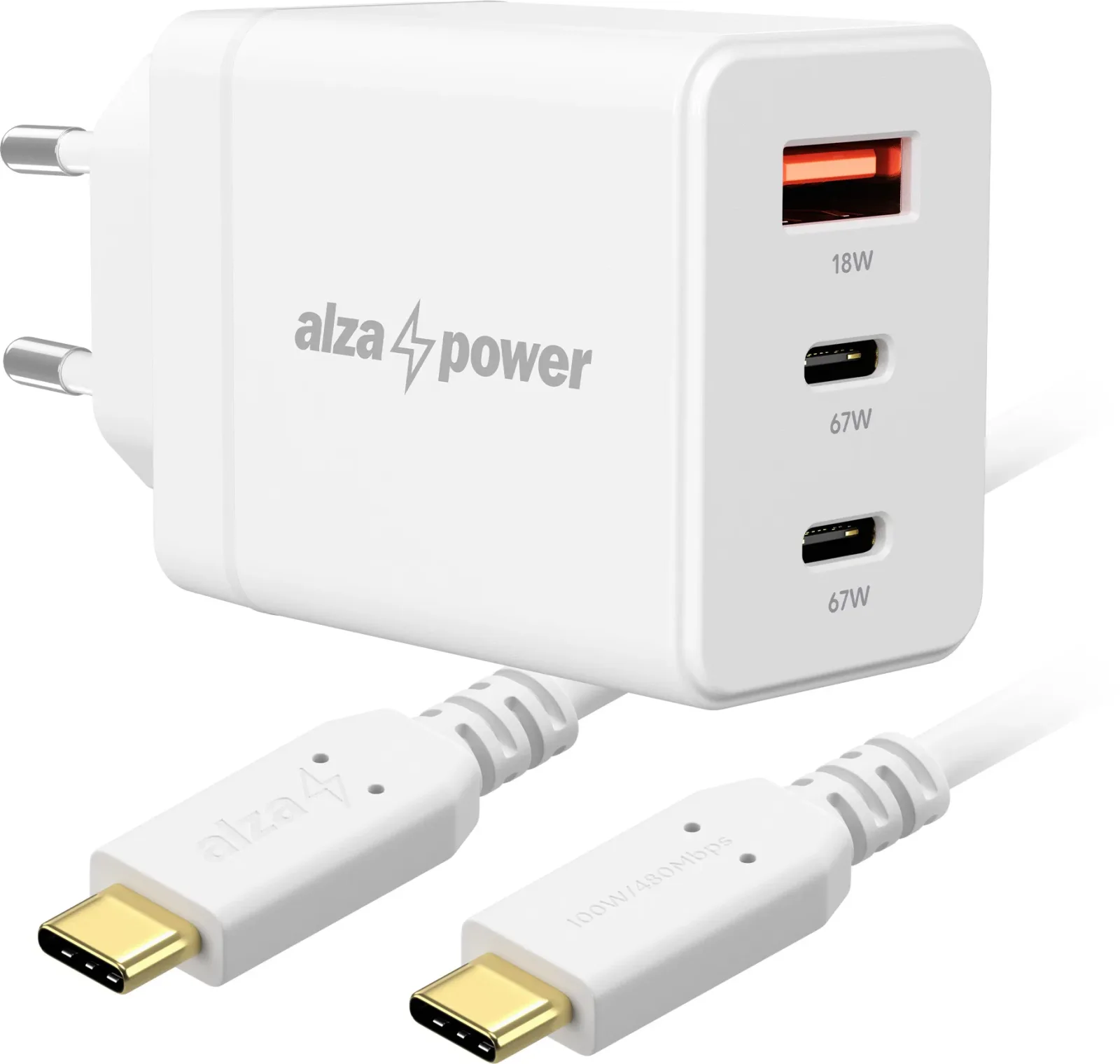 AlzaPower G610CCA Fast Charge 67 W fehér + Core USB-C 2.0 100 W, 2 m, fehér