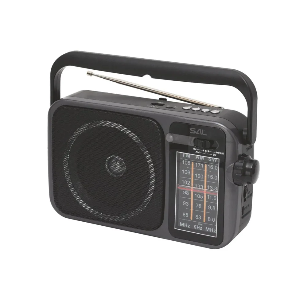 SAL RPR10 hordozható rádió multimédia lejátszóval, vezeték nélküli Bluetooth hangszóró, 3-sávos rádió, MP3 lejátszás USB/microSD eszközről, tölthető