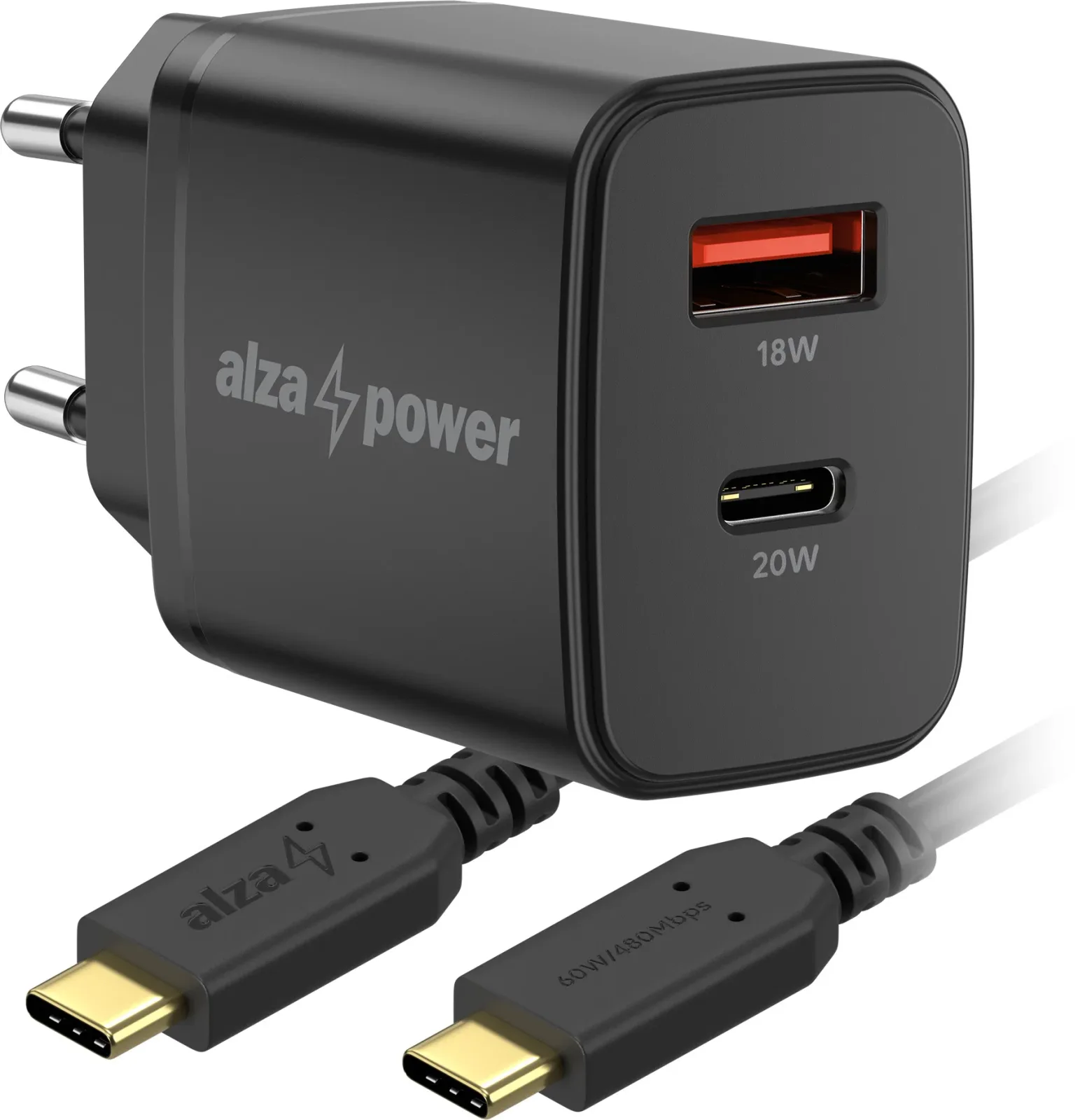 AlzaPower A101CA Fast Charge 20 W fekete + Core USB-C 2.0, 60 W, 1 m, fekete