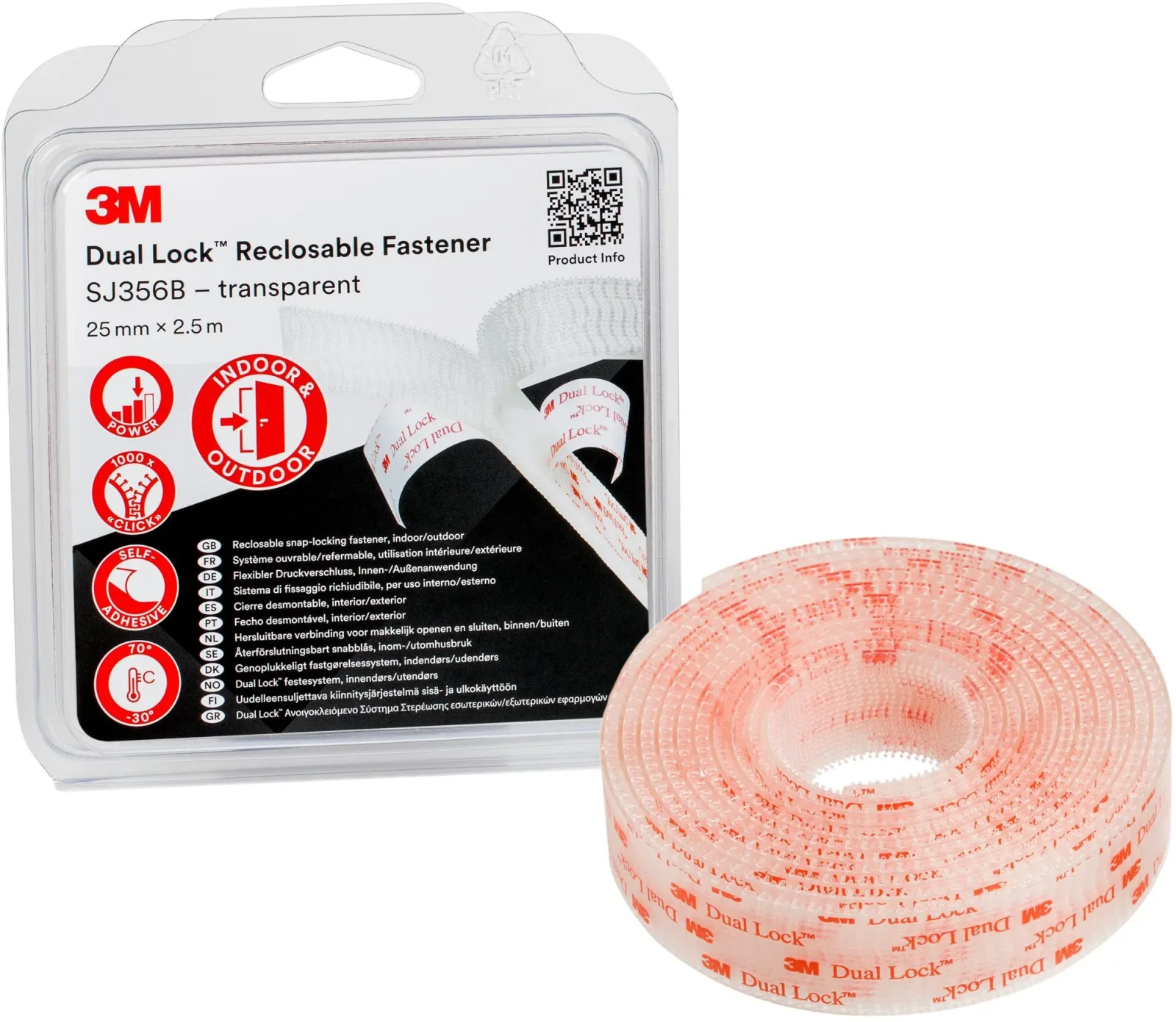 3M™ Dual-Lock™ öntapadó tépőzár SJ356B, átlátszó, 25 mm x 2,5 m bliszter csomagolásban
