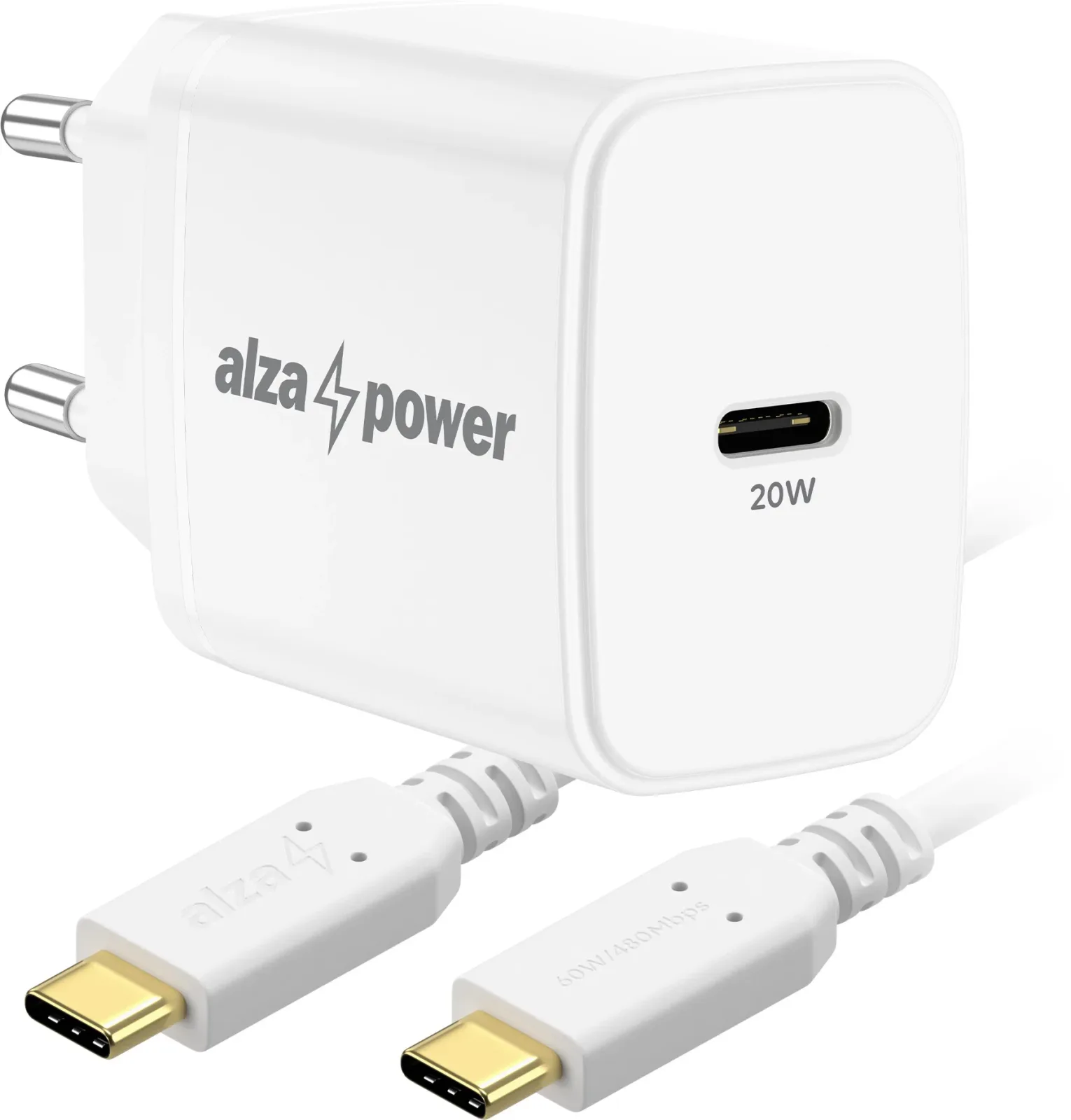 AlzaPower A110C Fast Charge 20 W fehér + Core USB-C 2.0 60 W, 1 m, fehér