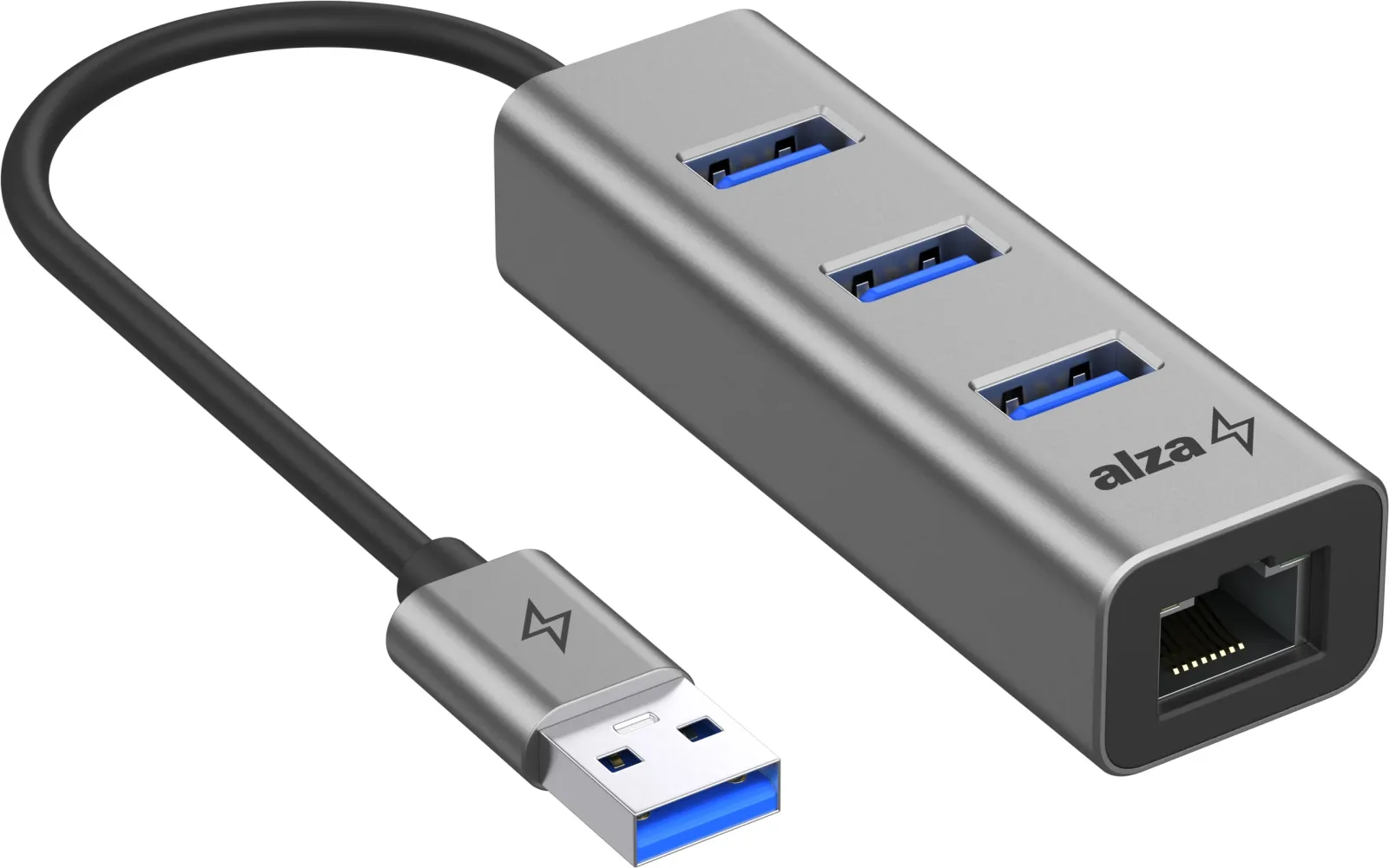 AlzaPower Metal USB hub USB-A (M) to 3× USB-A 3.0 (F) + RJ45 - asztroszürke